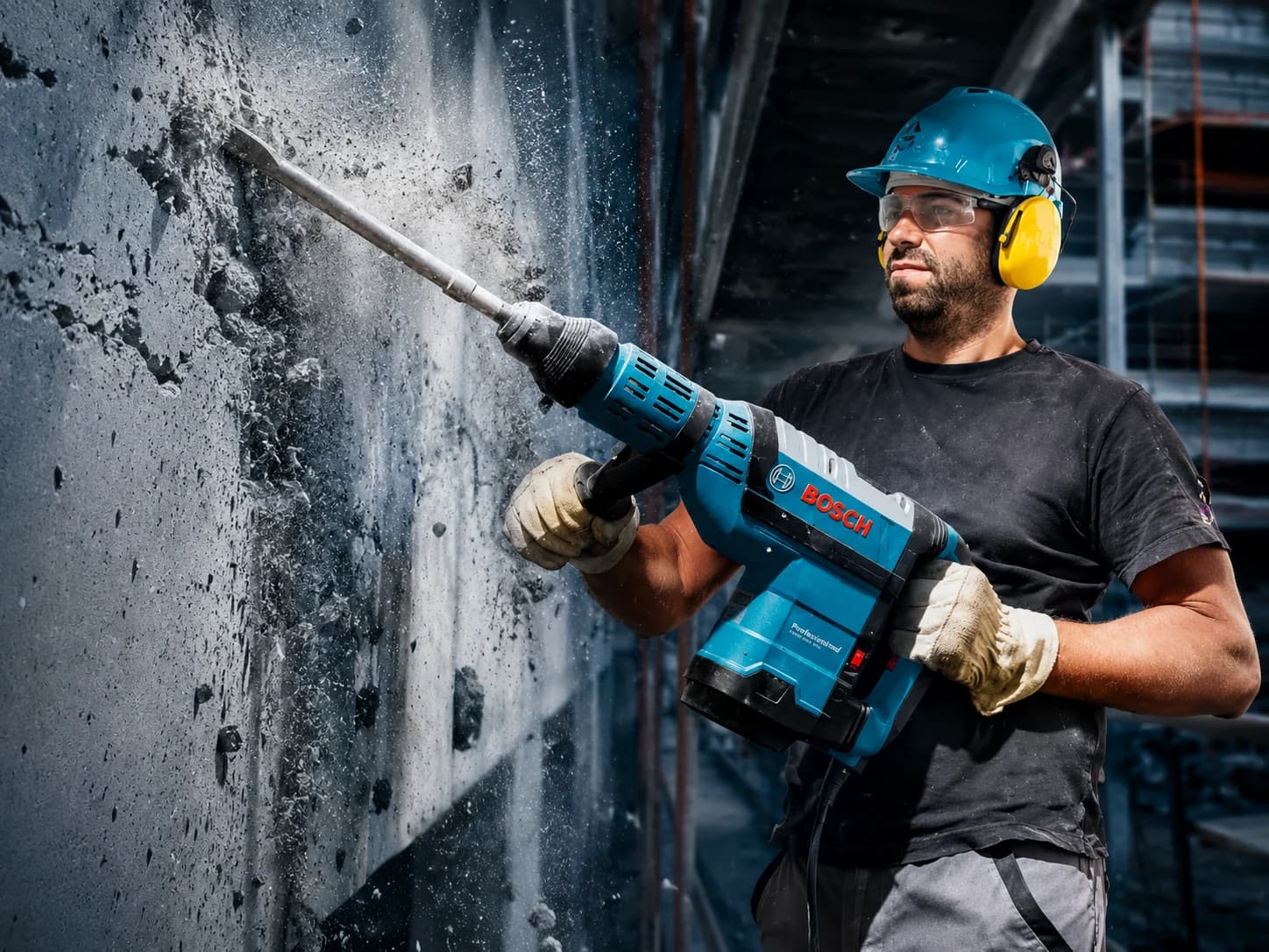 Profissional operando rompedor Bosch em obra